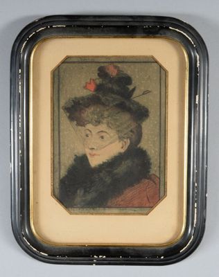 portrait d'une femme portant un chapeau et un manteau de fourrure, dans un cadre noir