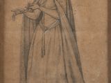 un vieux dessin représentant une femme en robe longue tenant une fleur