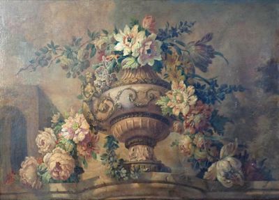 un tableau représentant des fleurs dans un vase posé sur un rebord