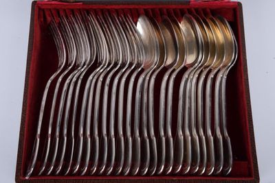 a lot of silver spoons in a red box