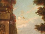 a painting of a man flying a kite in the sky