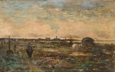 tableau représentant un paysage avec des vaches paissant dans un champ