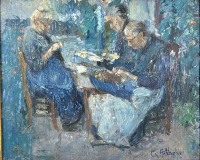 painting of a group of people sitting around a table eating