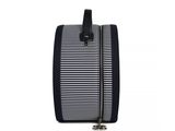 a black and white striped toilet bag with a zipper