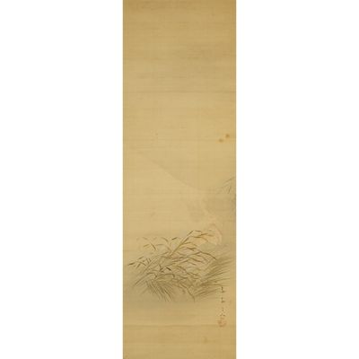 a painting of a bird flying over a field of grass