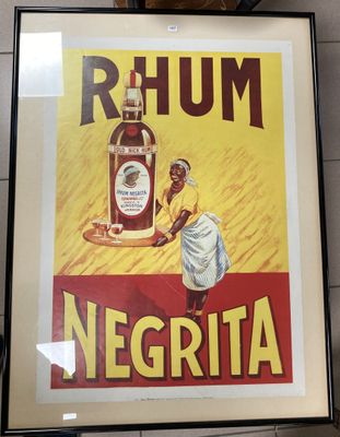 a framed picture of a woman holding a bottle of rum
