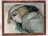 painting of a woman wearing a hat and a fur coat