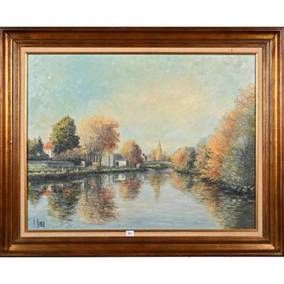 SANNIER. « Chemin animé sur la berge ».