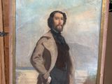 tableau représentant un homme barbu, vêtu d'un manteau, debout devant un chevalet