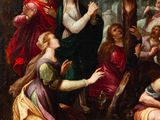 an oil painting of jesus on the cross with other people and animals
