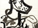 un dessin à l'encre représentant une femme coiffée d'un chapeau et tenant une fleur à la main