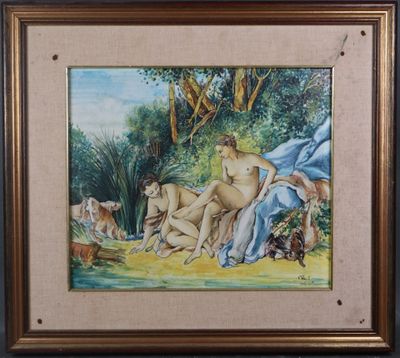 une image représentant un tableau montrant un groupe de nus dans un décor boisé