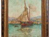 a painting of a sailboat in the water with a sky background