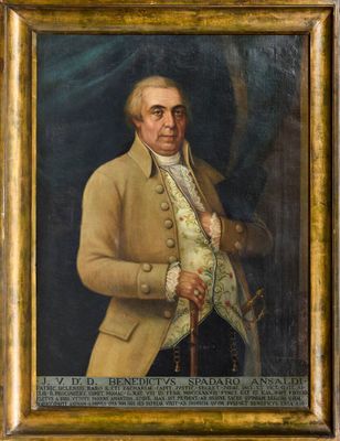 tableau représentant un homme vêtu d'un manteau beige et tenant une canne