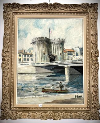 une peinture à l'huile représentant un bateau sur une rivière, avec un château en arrière-plan