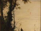 une peinture à l'huile représentant deux personnes assises sur une colline au bord de l'eau