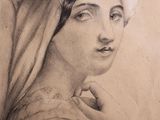 an old drawing of a woman with a white hat on her head