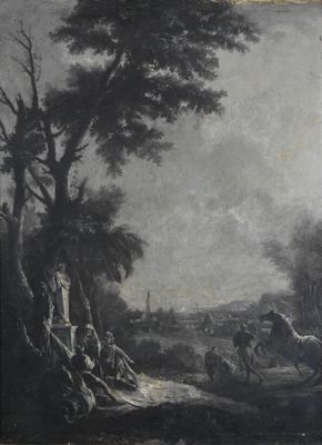 painting of a landscape with a man and a woman on horseback in the foreground and a man on a horse in the foreground