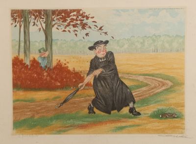 tableau représentant une femme en robe noire tenant une batte de baseball dans un champ