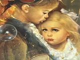 a painting of a boy and a girl holding a drum