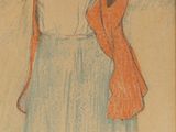 drawing of a woman in a white shirt and orange vest