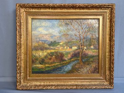 an oil painting of a stream running through a field with trees