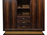 a wooden cabinet with two drawers and a shelf in the middle