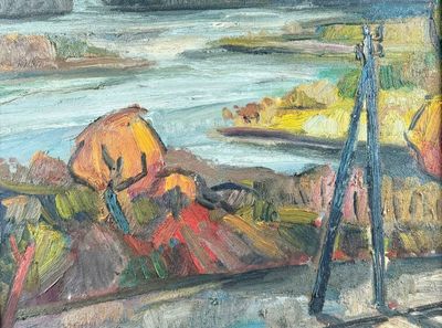 un tableau représentant un homme assis sur un banc au bord d'une rivière