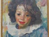 tableau représentant une jeune fille vêtue d'une robe bleue à col blanc