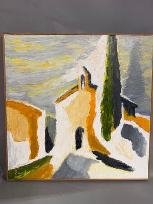 une peinture à l'huile représentant un tableau d'une maison avec un arbre en arrière-plan