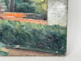 a painting of a park bench in the middle of a park