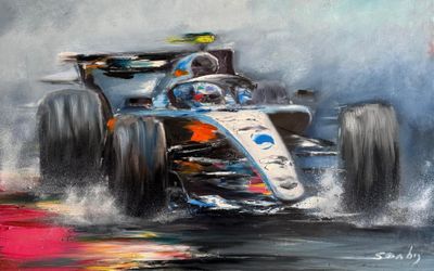 an oil painting of a race car driving through the water