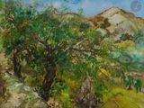 an oil painting of a tree in the middle of a field
