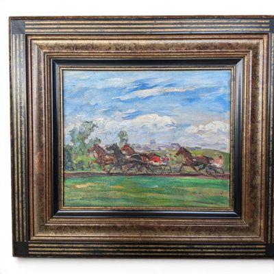 painting of a group of horses running in a field with a sky background