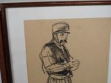 drawing of a man in a hat and vest standing in front of a wall