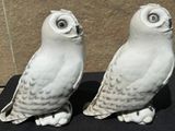 two white owl figurines sitting on a black table