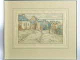 painting of a group of people on horseback in front of a village