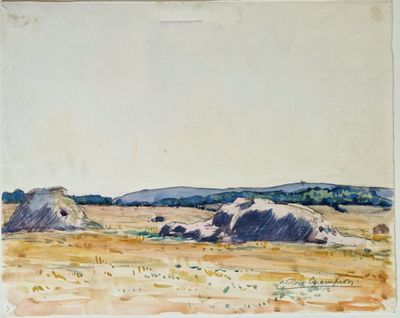 une image représentant un tableau où l'on voit un champ avec des rochers au loin