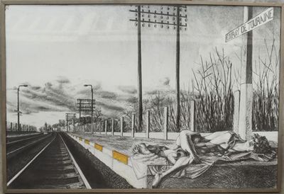 drawing of a man sleeping on a bench next to a railroad track