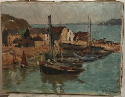 un tableau représentant des bateaux sur l'eau près d'une rive