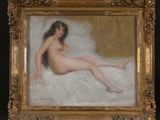 an oil painting of a nude woman sitting on a bed