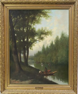 une peinture à l'huile représentant une scène fluviale avec un homme dans une barque sur l'eau