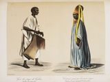 un vieux dessin représentant un homme et une femme vêtus de costumes traditionnels