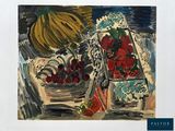 a painting of fruit and vegetables on display on a table