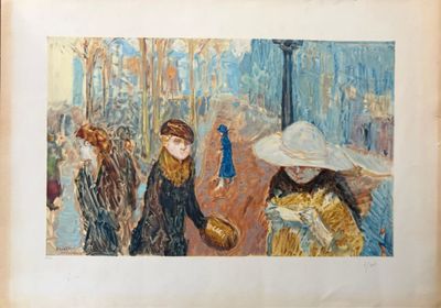 a picture of a painting of two women walking down the street