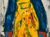 an image of a painting of a man in overalls and a hat