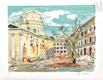a watercolor painting of a street scene with buildings and a tree