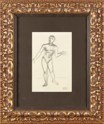 un dessin représentant une femme nue, dans un cadre doré