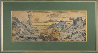 an image of a painting of a landscape with a mountain in the background