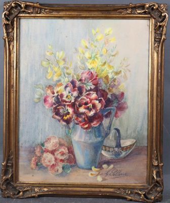an oil painting of flowers in a vase on a table